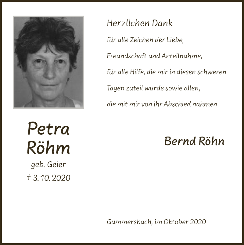  Traueranzeige für Petra Röhm vom 30.10.2020 aus  Anzeigen Echo 