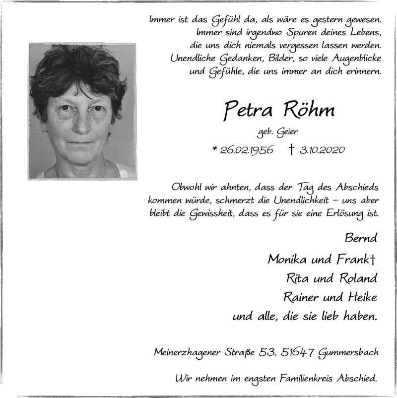  Traueranzeige für Petra Röhm vom 09.10.2020 aus  Anzeigen Echo 