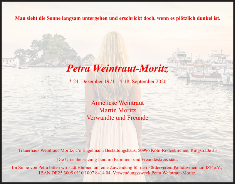  Traueranzeige für Petra Weintraut-Moritz vom 10.10.2020 aus Kölner Stadt-Anzeiger / Kölnische Rundschau / Express