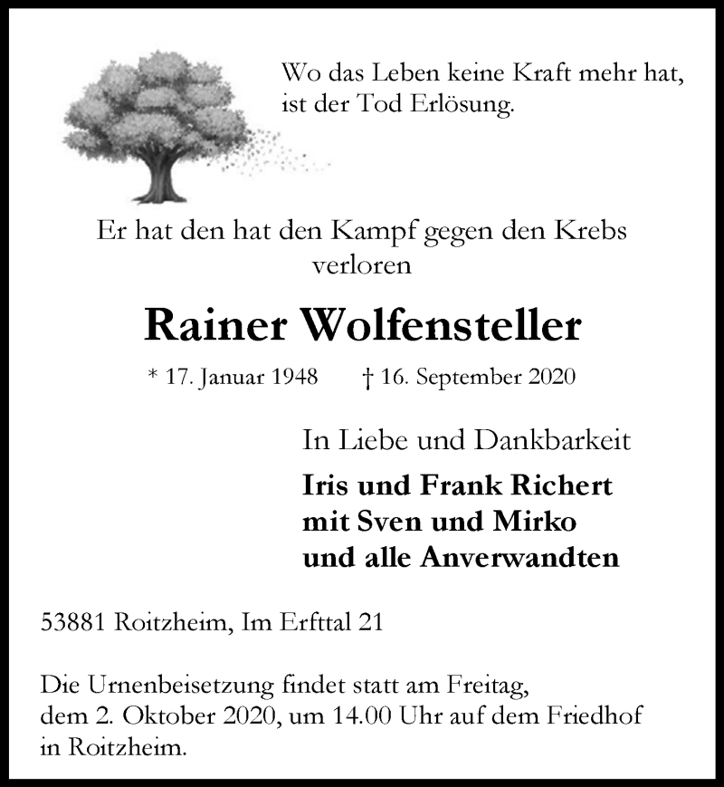  Traueranzeige für Rainer Wolfensteller vom 26.09.2020 aus  Blickpunkt Euskirchen 