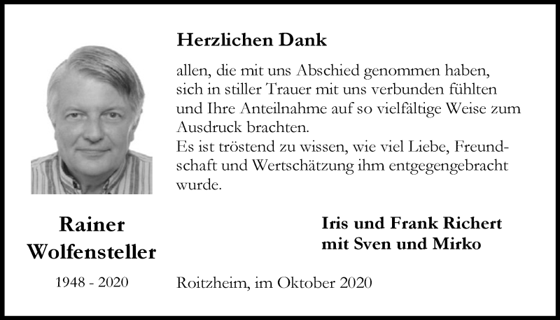 Traueranzeige für Rainer Wolfensteller vom 17.10.2020 aus  Blickpunkt Euskirchen 