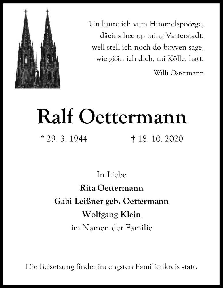  Traueranzeige für Ralf Oettermann vom 21.10.2020 aus Kölner Stadt-Anzeiger / Kölnische Rundschau / Express