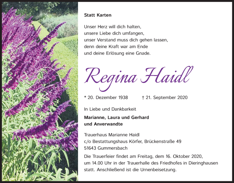  Traueranzeige für Regina Haidl vom 10.10.2020 aus Kölner Stadt-Anzeiger / Kölnische Rundschau / Express