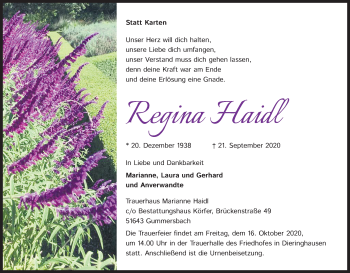 Anzeige von Regina Haidl von Kölner Stadt-Anzeiger / Kölnische Rundschau / Express