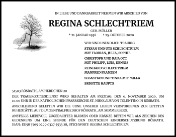 Anzeige von Regina Schlechtriem von Kölner Stadt-Anzeiger / Kölnische Rundschau / Express