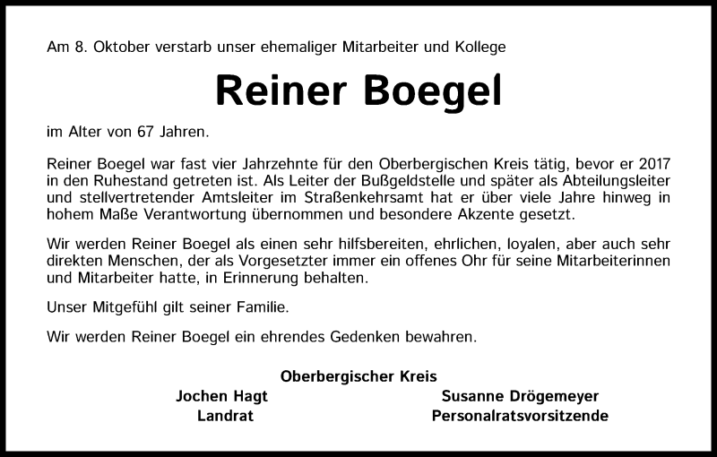  Traueranzeige für Reiner Boegel vom 21.10.2020 aus Kölner Stadt-Anzeiger / Kölnische Rundschau / Express