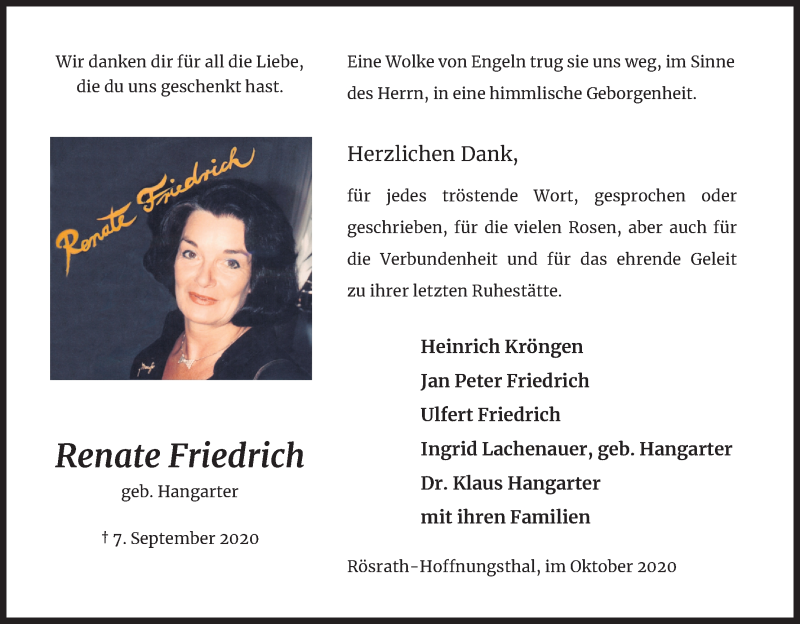  Traueranzeige für Renate Friedrich vom 17.10.2020 aus Kölner Stadt-Anzeiger / Kölnische Rundschau / Express