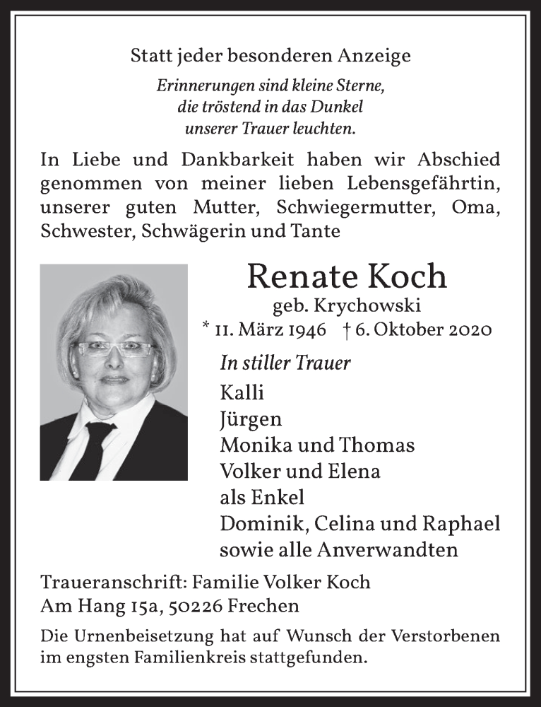  Traueranzeige für Renate Koch vom 16.10.2020 aus  Wochenende 