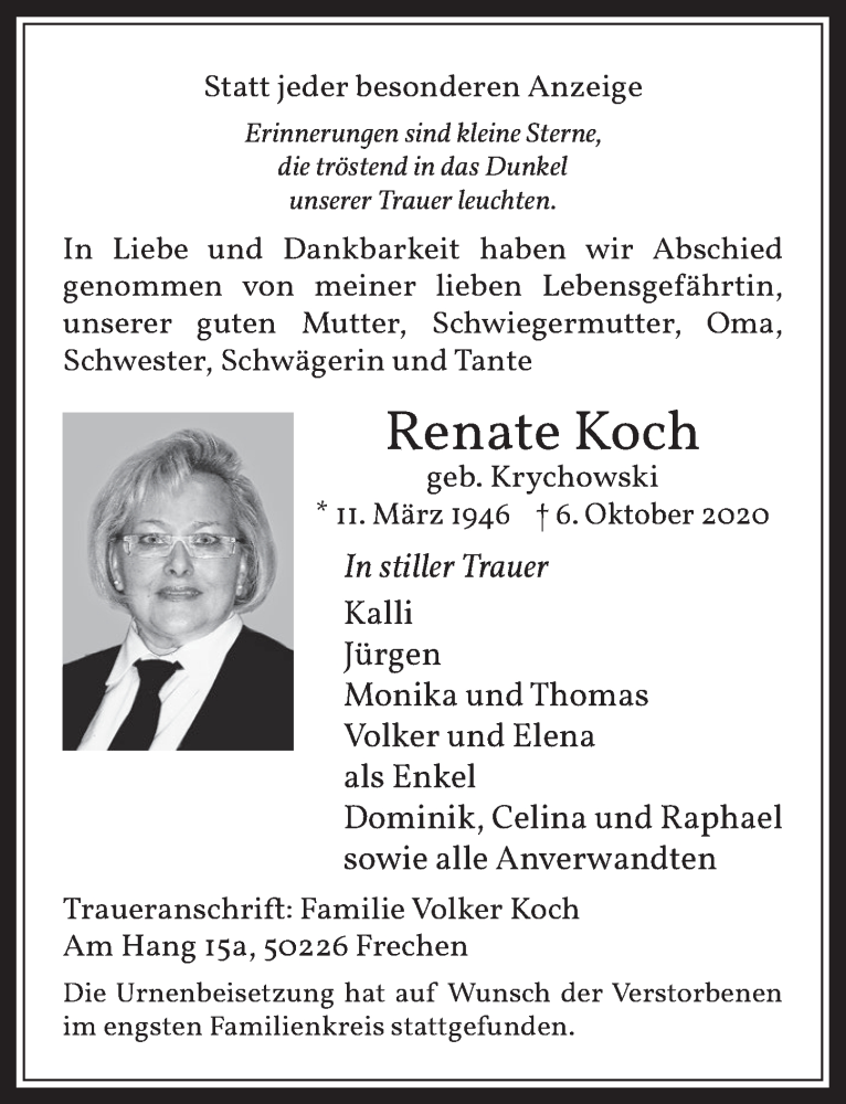  Traueranzeige für Renate Koch vom 18.07.2023 aus  Wochenende 