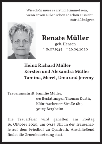 Anzeige von Renate Müller von  Werbepost 
