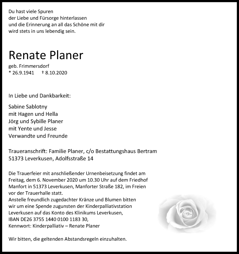  Traueranzeige für Renate Planer vom 31.10.2020 aus Kölner Stadt-Anzeiger / Kölnische Rundschau / Express