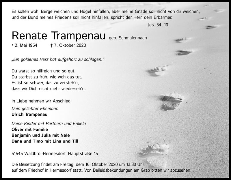  Traueranzeige für Renate Trampenau vom 13.10.2020 aus Kölner Stadt-Anzeiger / Kölnische Rundschau / Express