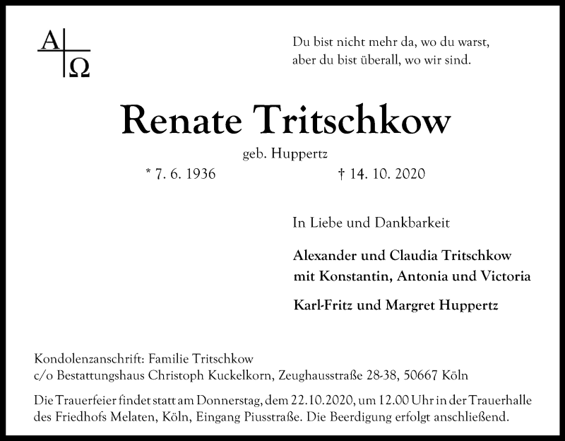  Traueranzeige für Renate Tritschkow vom 17.10.2020 aus Kölner Stadt-Anzeiger / Kölnische Rundschau / Express