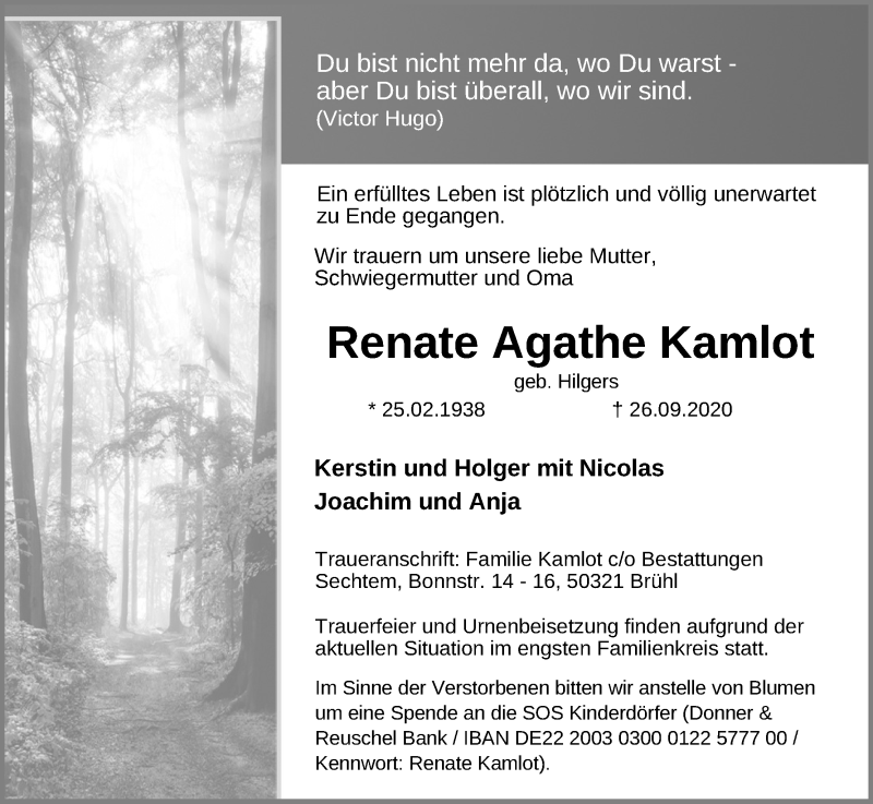  Traueranzeige für Renate Agathe Kamlot vom 03.10.2020 aus Kölner Stadt-Anzeiger / Kölnische Rundschau / Express