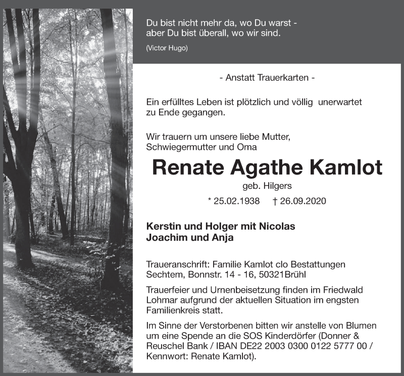  Traueranzeige für Renate Agathe Kamlot vom 09.10.2020 aus  Schlossbote/Werbekurier 