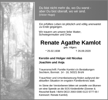 Anzeige von Renate Agathe Kamlot von Kölner Stadt-Anzeiger / Kölnische Rundschau / Express