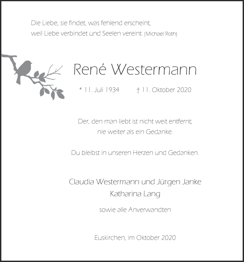 Traueranzeige für René Westermann vom 17.10.2020 aus  Blickpunkt Euskirchen 