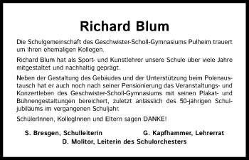 Anzeige von Richard Blum von Kölner Stadt-Anzeiger / Kölnische Rundschau / Express
