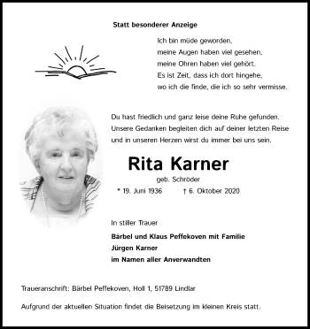 Anzeige von Rita Karner von Kölner Stadt-Anzeiger / Kölnische Rundschau / Express