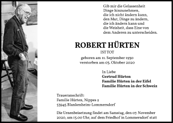 Anzeige von Robert Hürten von Kölner Stadt-Anzeiger / Kölnische Rundschau / Express