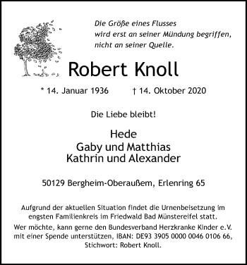 Anzeige von Robert Knoll von Kölner Stadt-Anzeiger / Kölnische Rundschau / Express