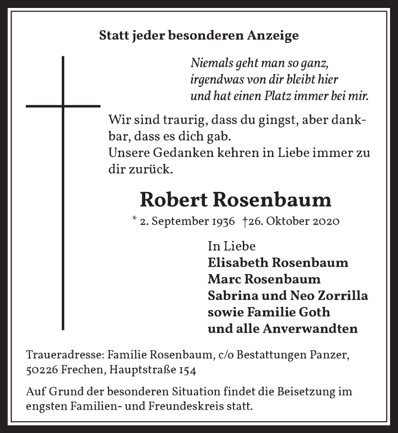  Traueranzeige für Robert Rosenbaum vom 30.10.2020 aus  Wochenende 
