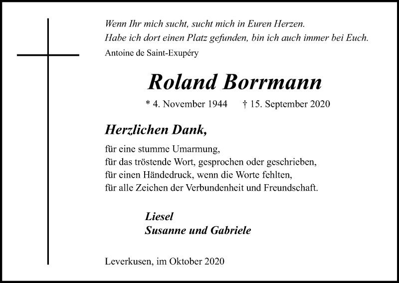  Traueranzeige für Roland Borrmann vom 17.10.2020 aus Kölner Stadt-Anzeiger / Kölnische Rundschau / Express