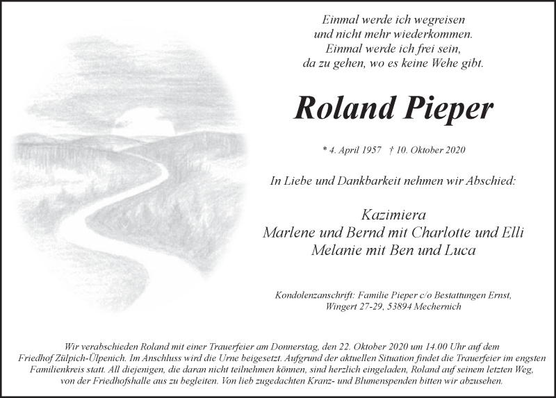  Traueranzeige für Roland Pieper vom 17.10.2020 aus  Blickpunkt Euskirchen 