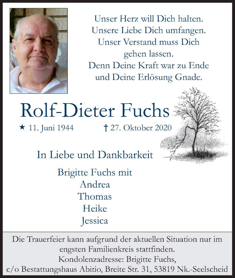  Traueranzeige für Rolf-Dieter Fuchs vom 31.10.2020 aus Kölner Stadt-Anzeiger / Kölnische Rundschau / Express
