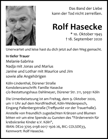 Anzeige von Rolf Hasecke von Kölner Stadt-Anzeiger / Kölnische Rundschau / Express