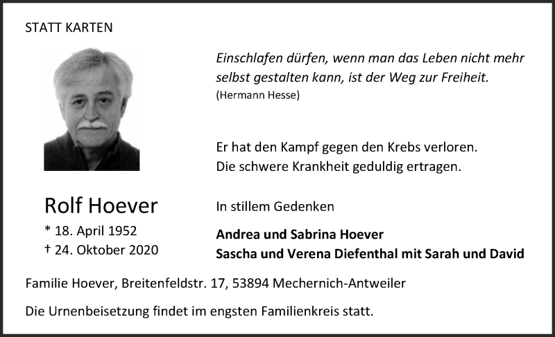  Traueranzeige für Rolf Hoever vom 31.10.2020 aus  Blickpunkt Euskirchen 