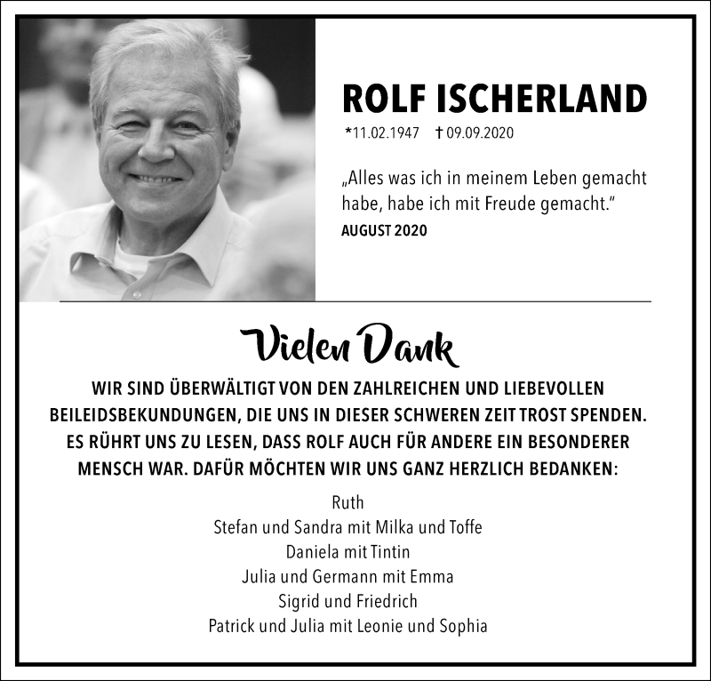  Traueranzeige für Rolf Ischerland vom 10.10.2020 aus Kölner Stadt-Anzeiger / Kölnische Rundschau / Express