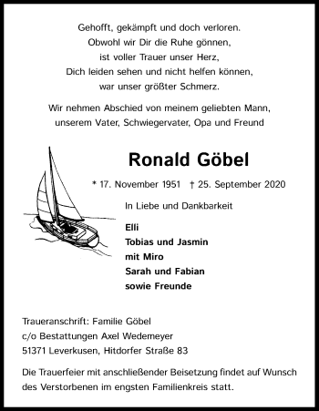 Anzeige von Ronald Göbel von Kölner Stadt-Anzeiger / Kölnische Rundschau / Express