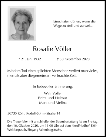 Anzeige von Rosalie Völler von Kölner Stadt-Anzeiger / Kölnische Rundschau / Express