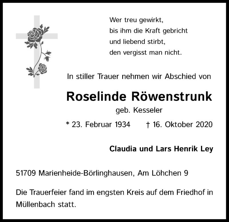  Traueranzeige für Roselinde Röwenstrunk vom 24.10.2020 aus Kölner Stadt-Anzeiger / Kölnische Rundschau / Express