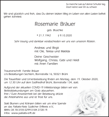 Anzeige von Rosemarie Bräuer von  Schlossbote/Werbekurier 