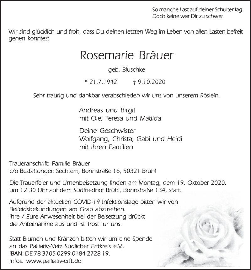  Traueranzeige für Rosemarie Bräuer vom 16.10.2020 aus  Schlossbote/Werbekurier 