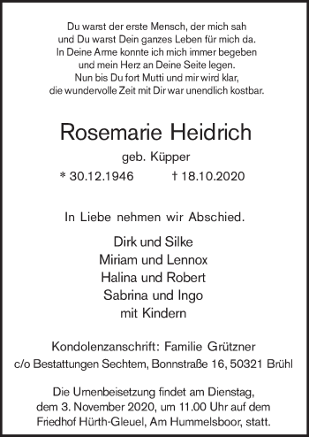 Anzeige von Rosemarie Heidrich von  Wochenende 