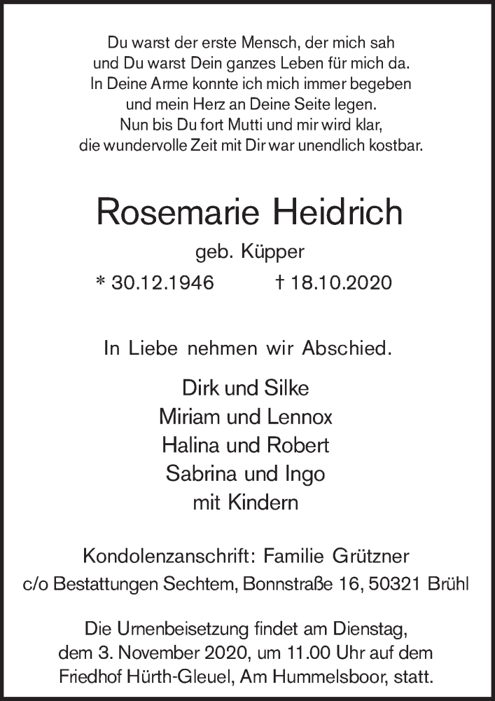  Traueranzeige für Rosemarie Heidrich vom 23.10.2020 aus  Wochenende 