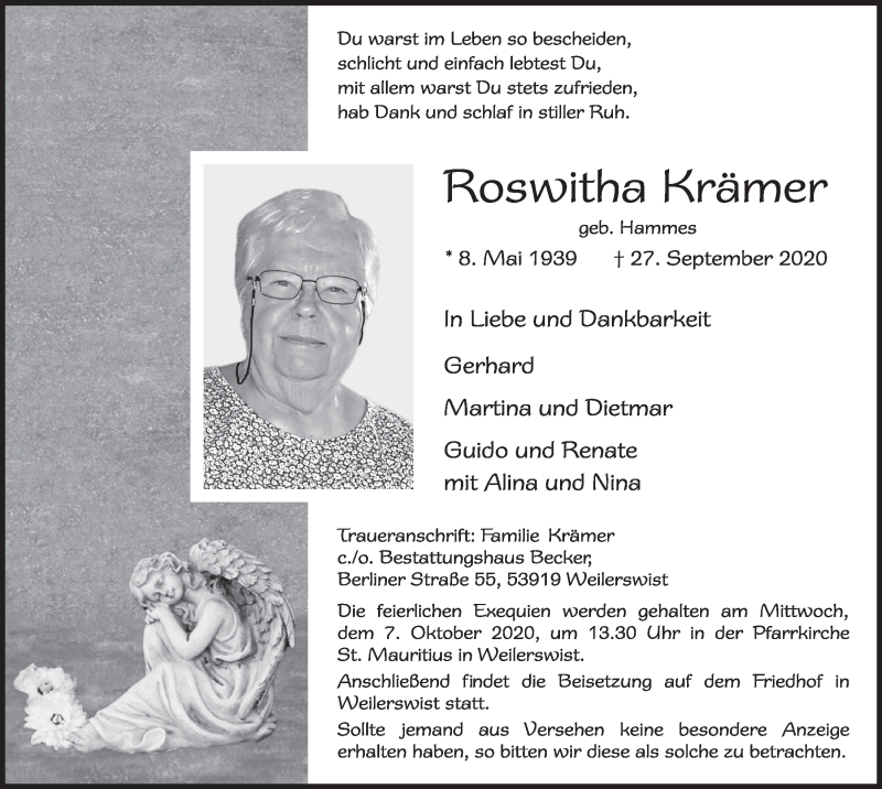 Traueranzeige für Roswitha Krämer vom 02.10.2020 aus  Blickpunkt Euskirchen 