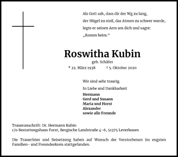 Anzeige von Roswitha Kubin von Kölner Stadt-Anzeiger / Kölnische Rundschau / Express