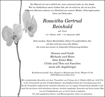 Anzeige von Roswitha Gertrud Reinhold von  Blickpunkt Euskirchen 