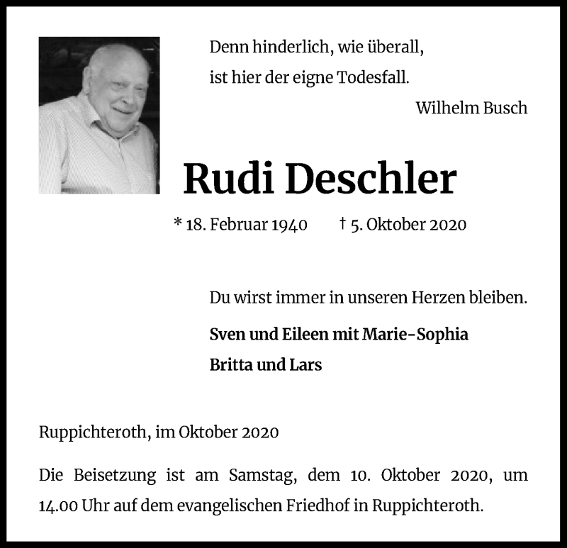  Traueranzeige für Rudi Deschler vom 08.10.2020 aus Kölner Stadt-Anzeiger / Kölnische Rundschau / Express