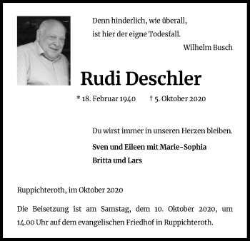 Anzeige von Rudi Deschler von Kölner Stadt-Anzeiger / Kölnische Rundschau / Express