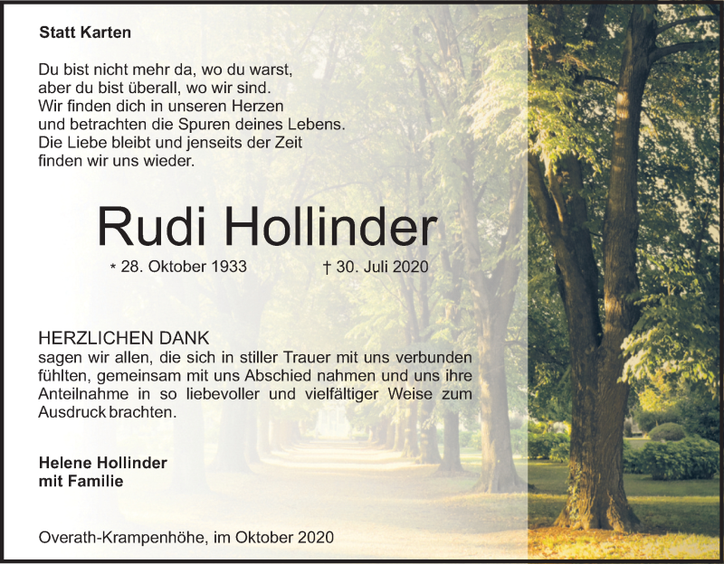  Traueranzeige für Rudi Hollinder vom 10.10.2020 aus Kölner Stadt-Anzeiger / Kölnische Rundschau / Express