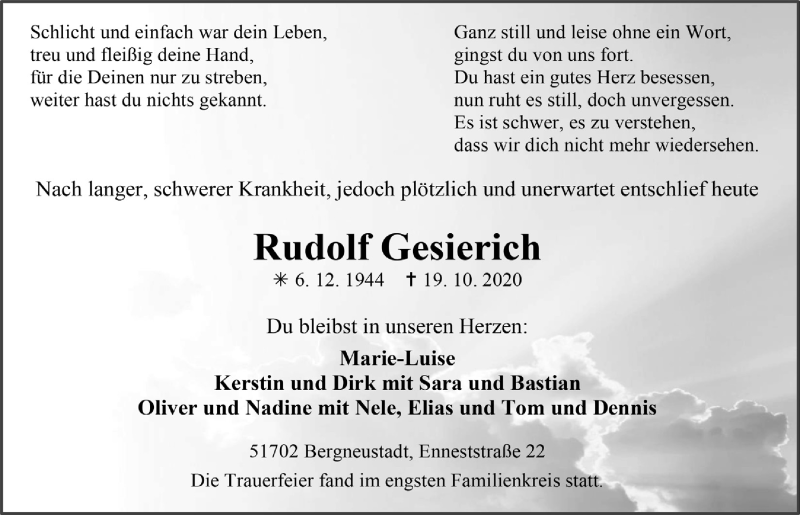  Traueranzeige für Rudolf Gesierich vom 30.10.2020 aus  Anzeigen Echo 