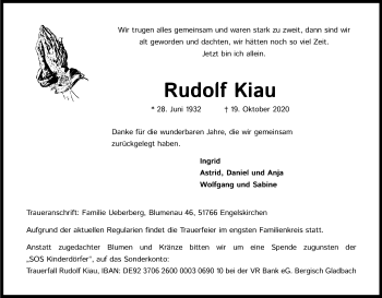 Anzeige von Rudolf Kiau von Kölner Stadt-Anzeiger / Kölnische Rundschau / Express