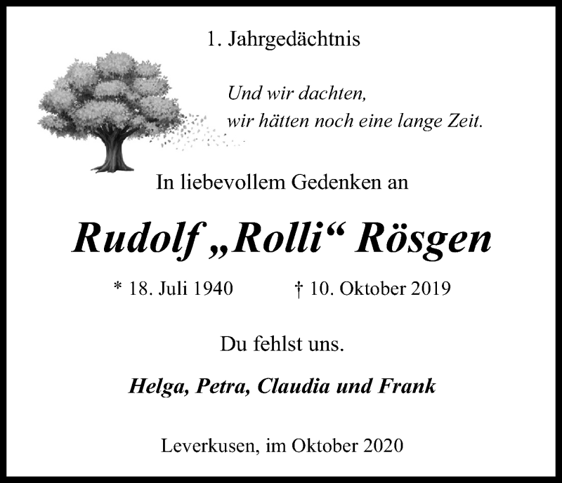  Traueranzeige für Rudolf Rösgen vom 10.10.2020 aus Kölner Stadt-Anzeiger / Kölnische Rundschau / Express