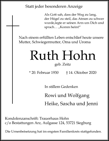 Anzeige von Ruth Hohn von Kölner Stadt-Anzeiger / Kölnische Rundschau / Express