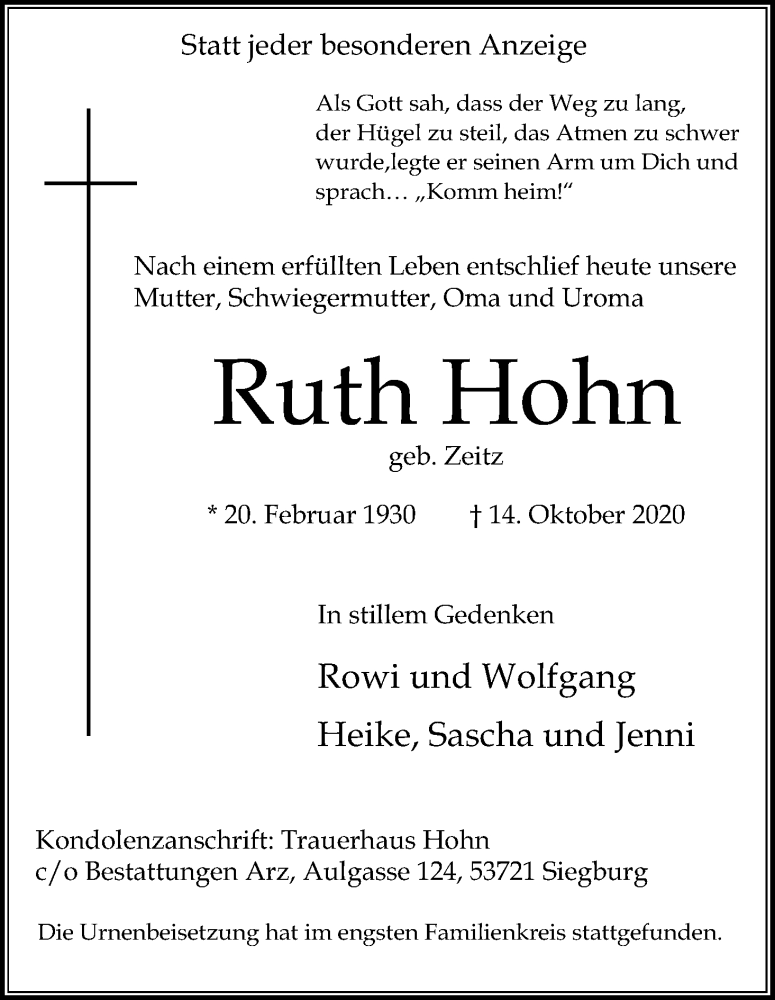  Traueranzeige für Ruth Hohn vom 31.10.2020 aus Kölner Stadt-Anzeiger / Kölnische Rundschau / Express